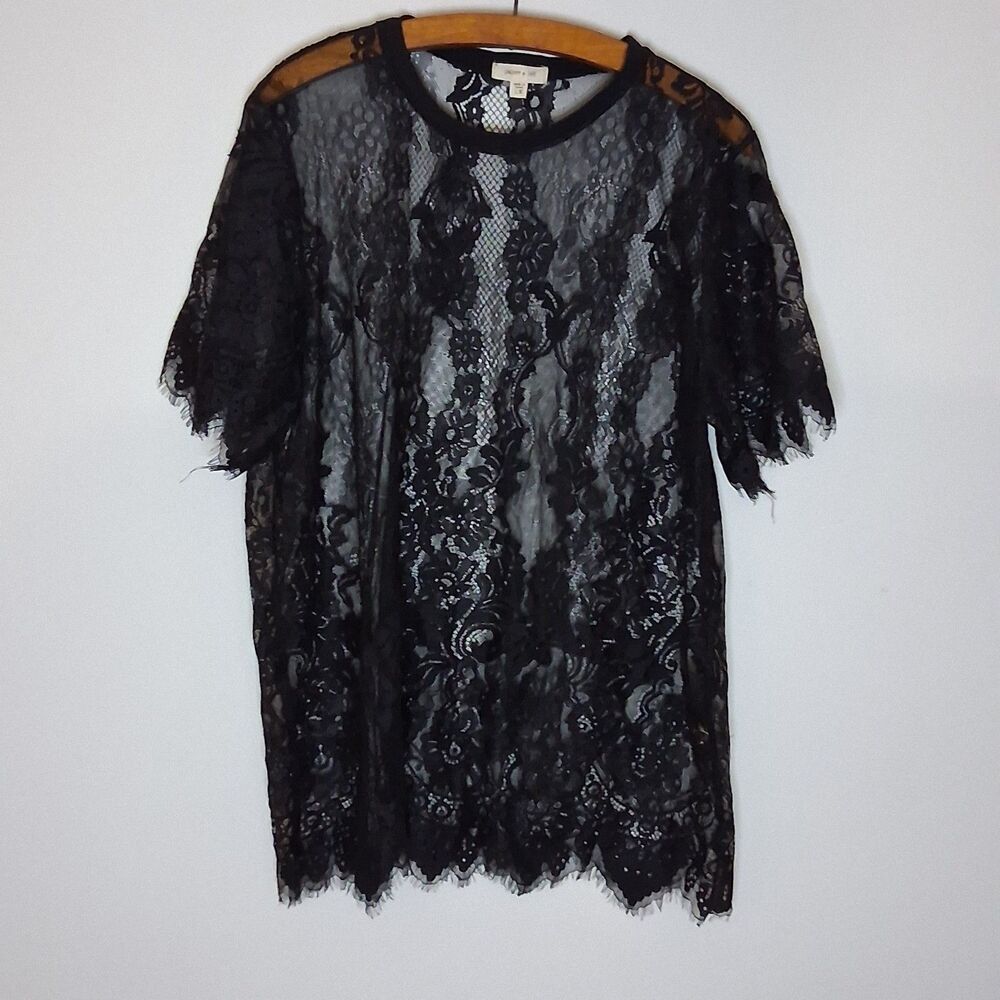 Paper + Tee Black Floral Lace Top Women's Plus 1X Short Sleeve Sheer Boho Blouse